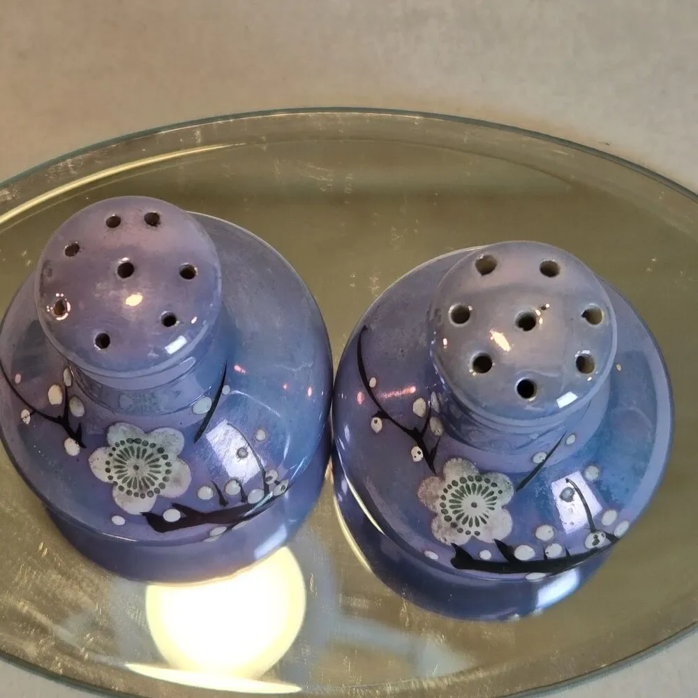 Vintage Japan Lusterware S&P Shakers - Iridescent Purple Cherry Blossom